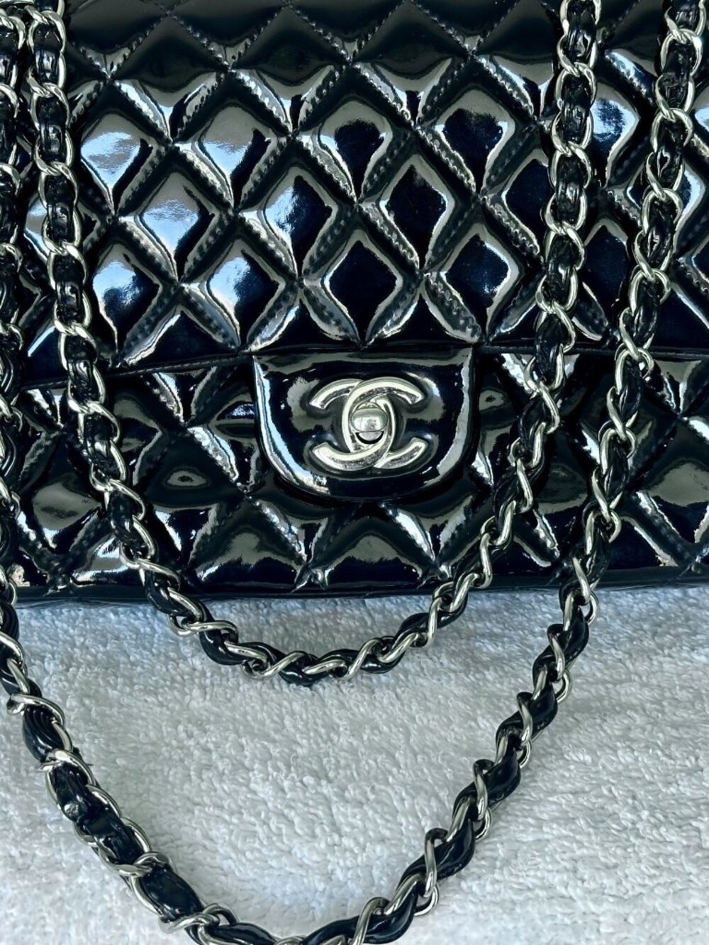 Chanel Pristine Black Quilted Patent Medium Classic Double Flap Bag + COA